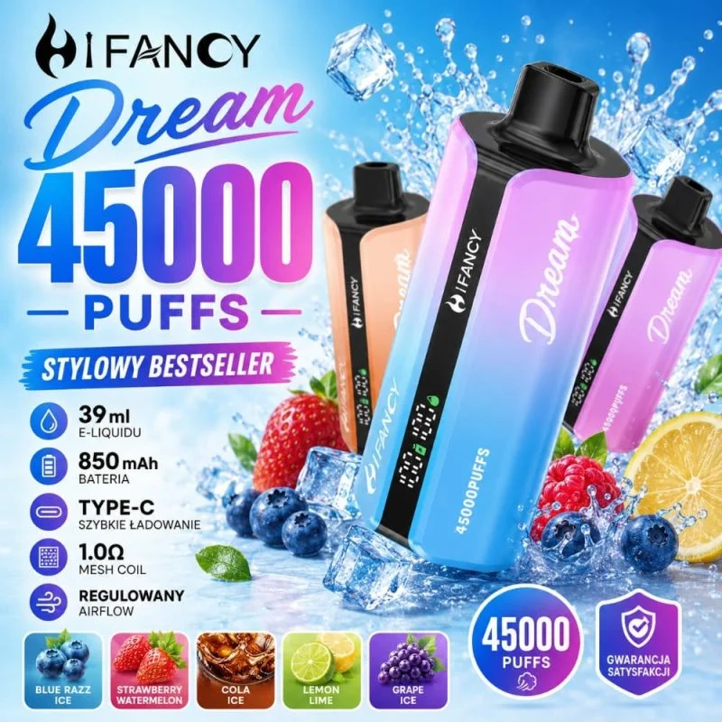 HIFANCY Dream 45000 - duży e-papieros jednorazowy 39ml z ekranem LED - MocPuff