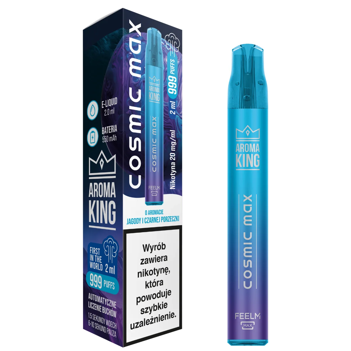 Porównanie dwóch e-papierosów jednorazowych: z lewej strony starszy model Aroma King Cosmic bez ekranu, z prawej nowoczesny Airmez LUX ze świecącym ekranem Smart LED wyświetlającym informacje o stanie baterii i płynu.