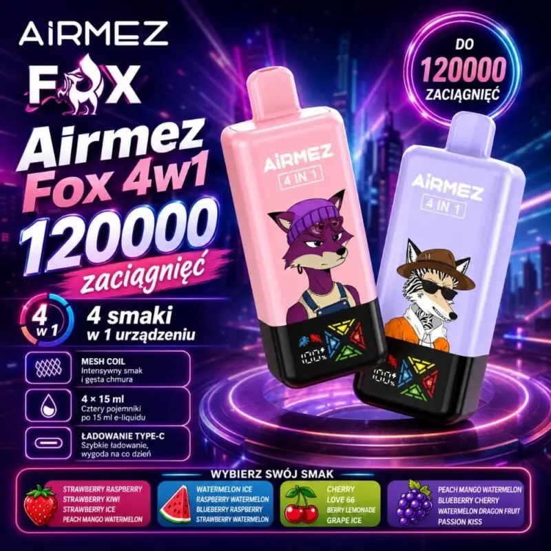 Airmez Fox 4w1 - modułowy i pojemny vape jednorazowy 60ml na podróż - MocPuff