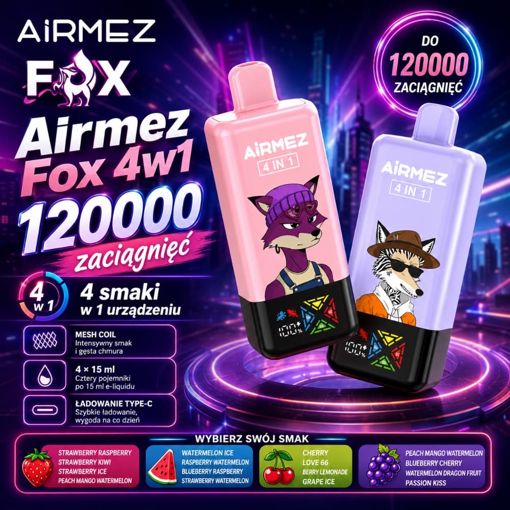 Airmez Fox 4w1 - modułowy i pojemny vape jednorazowy 60ml na podróż - MocPuff