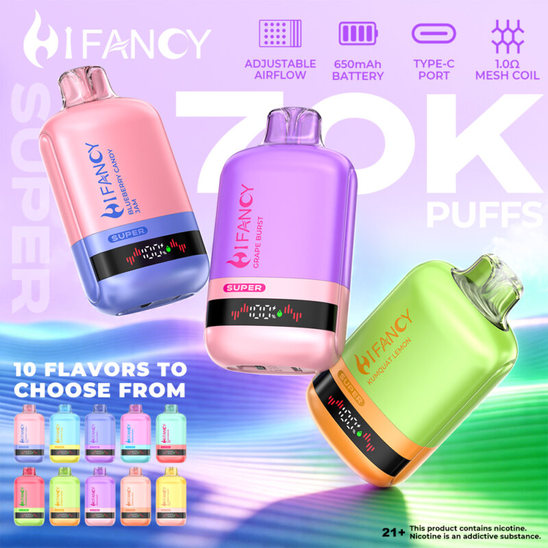 HIFANCY SUPER 70000 - jednorazowy e-papieros 70K Puffs z siatkową grzałką mesh 1.0Ω i ładowaniem Type-C - MocPuff