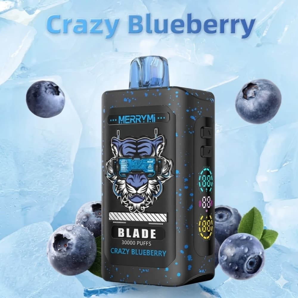 Zbliżenie na e-papieros jednorazowy Merrymi Blade 30000 puffs, ukazujące jego wyświetlacz LED, port ładowania USB-C oraz ogólny design, symbolizujący dużą pojemność liquidu i baterii.