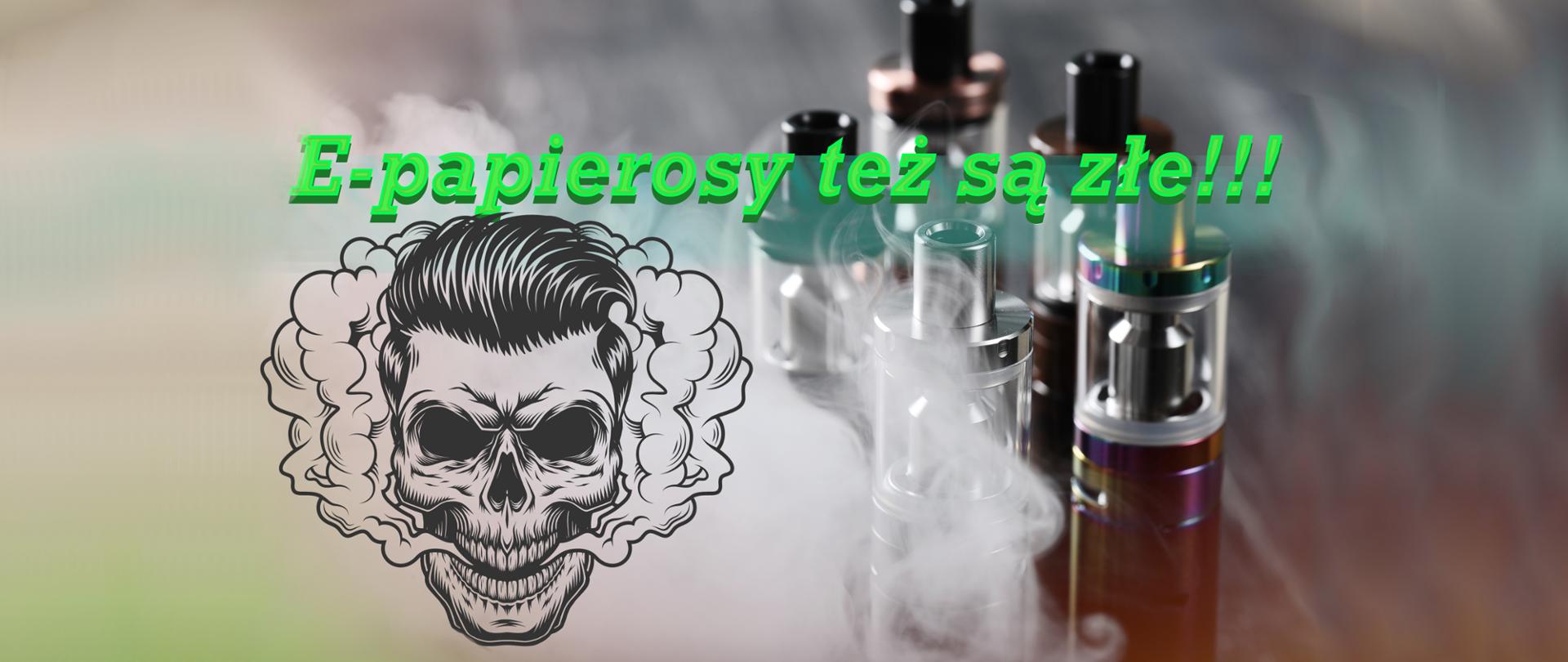 Ilustracja przedstawiająca drobiny chemiczne (plastyfikatory) uwalniane z plastikowego zbiornika e-papierosa do płynu, symbolizująca zagrożenie chemiczne.