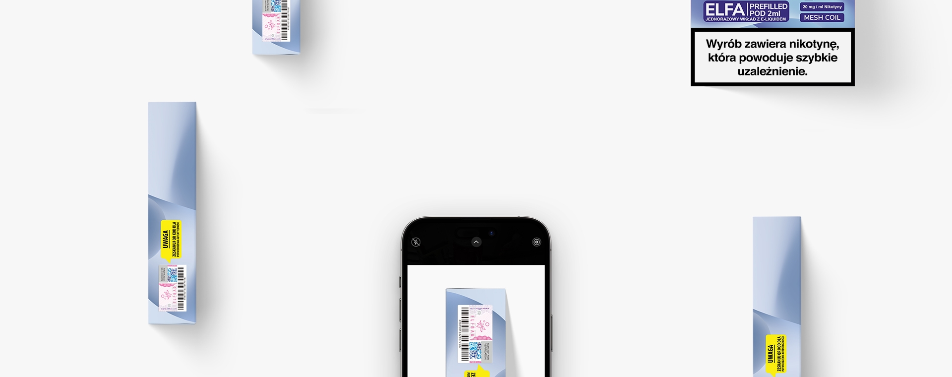 Osoba skanująca kod QR na opakowaniu e-papierosa Elfbar telefonem komórkowym, aby zweryfikować jego autentyczność.