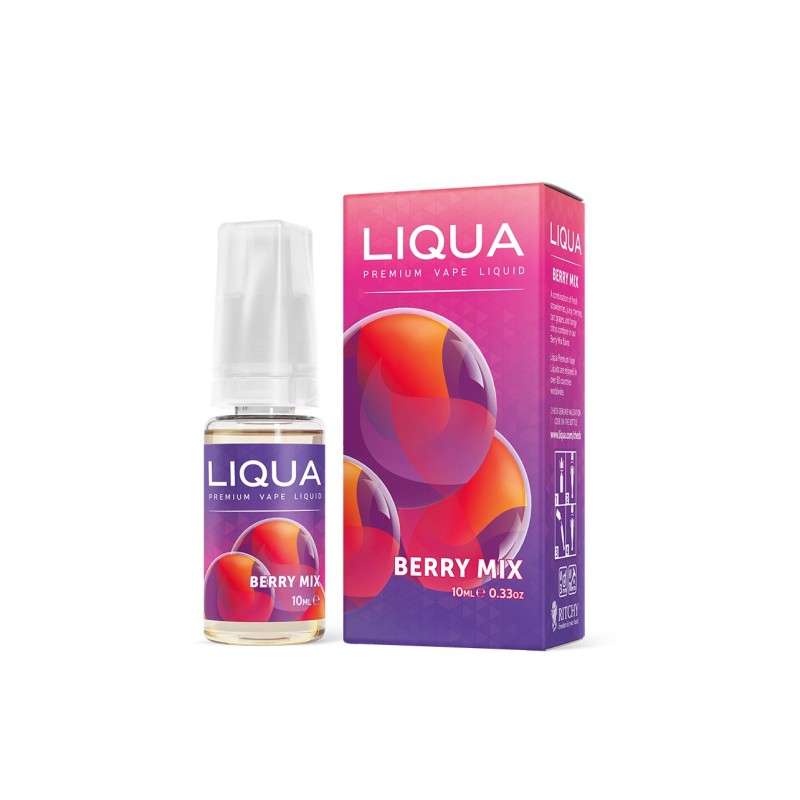 Grafika przedstawiająca butelkę e-liquidu lub opakowanie urządzenia vape w otoczeniu świeżych ciemnych owoców leśnych i jagód, takich jak maliny, borówki i jeżyny.