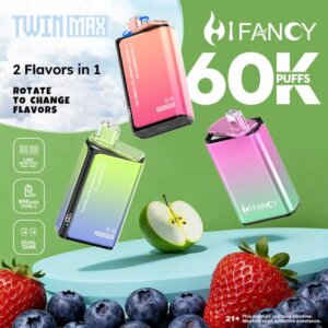 Zbliżenie na e-papieros Hifancy Twin Max 60000, wyraźnie pokazujące inteligentny ekran Smart LED z wyświetlonym poziomem baterii i liquidu.