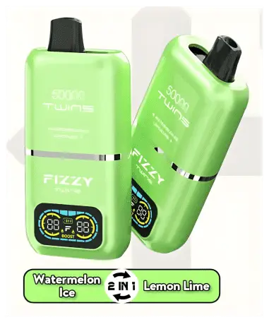 Ręka użytkownika przełączająca mechaniczny suwak smaku na e-papierosie vape fizzy dual-flavor, z subtelną wizualizacją dwóch różnych aromatów.