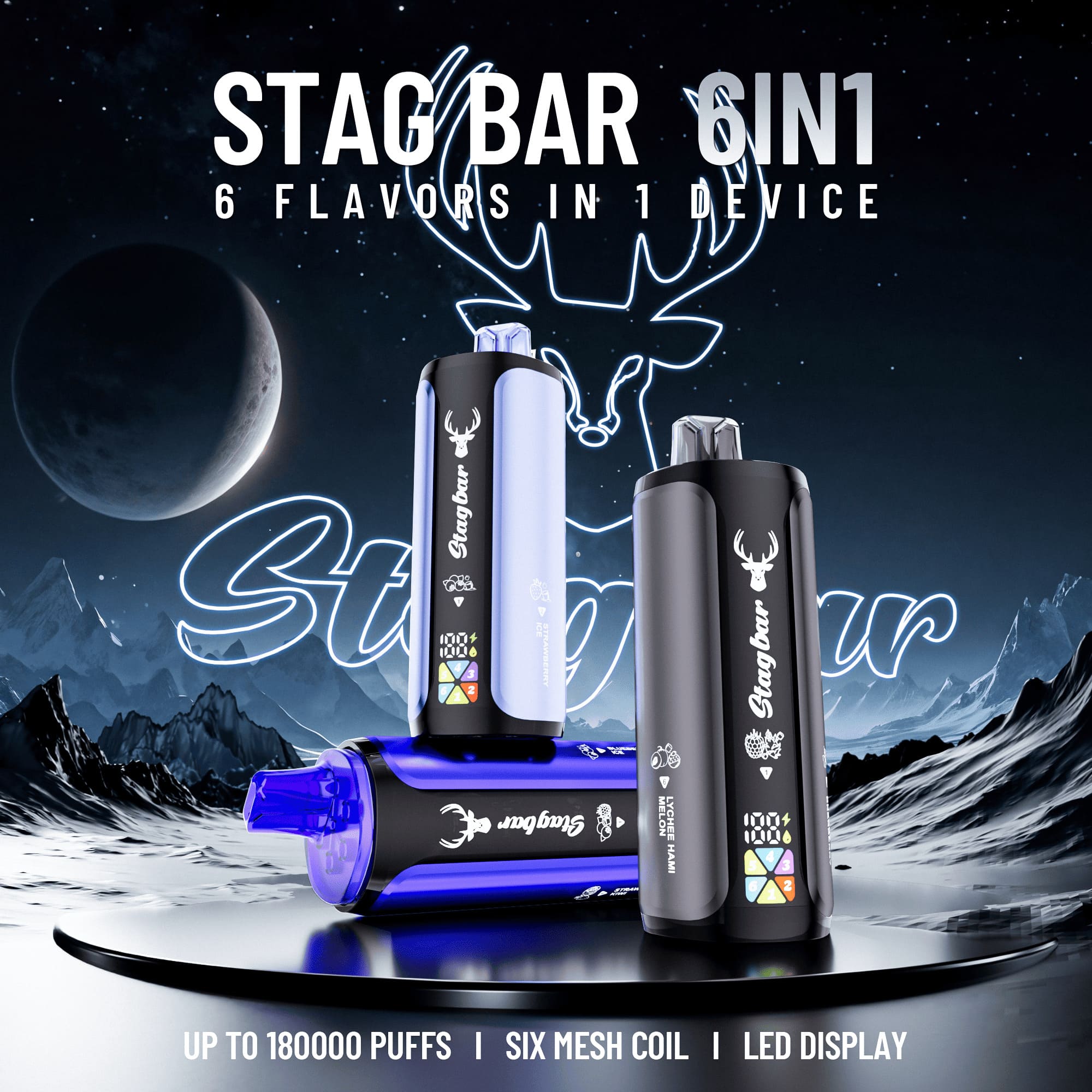 Stag Bar 6 in 1 180000 - wielosmakowy jednorazowy e-papieros 108ml 6 w 1 - MocPuff