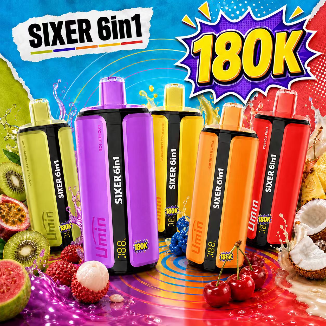 Zdjęcie z bliska nowoczesnego e-papierosa Umin Sixer 6 in 1, prezentującego jego elegancki design i wyraźnie widoczne wskaźniki smaków lub komór.