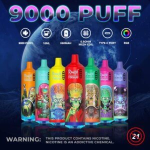 Fumot RandM Tornado 9000 – egyedi mintás, RGB világítású vape 18ml e-liquiddel | Vapekiraly