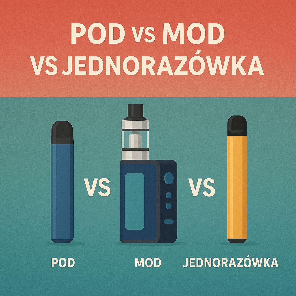Graficzne porównanie dwóch typów e-papierosów: zaawansowanego jednorazowego vapea i tradycyjnego pod systemu, z wizualizacją ich kluczowych cech.