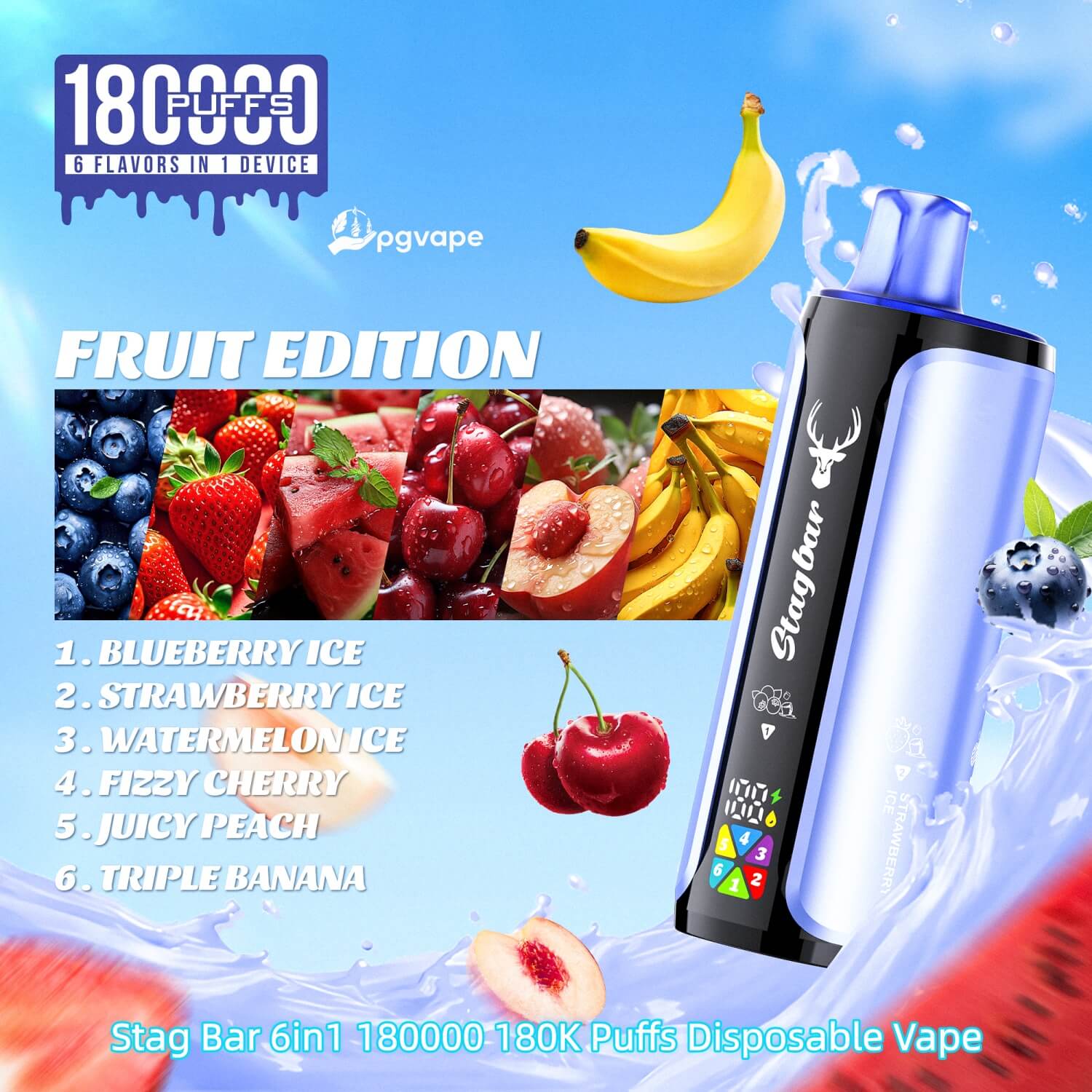 Stag Bar 6 in 1 180000 - wielosmakowy jednorazowy e-papieros 108ml 6 w 1 - MocPuff