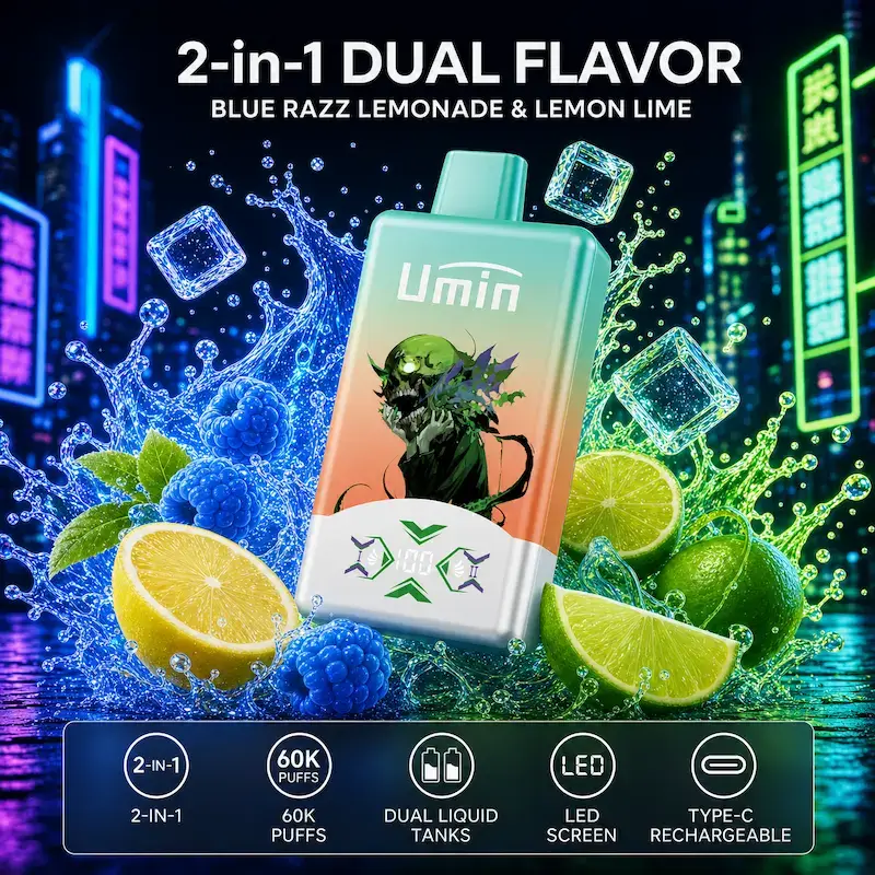 Umin 2 in 1 Blue razz lemonade & Lemon lime Umin 2 in 1 Dual Flavor 60000 - dwusmakowy e-papieros jednorazowy o wysokiej pojemności - MocPuff
