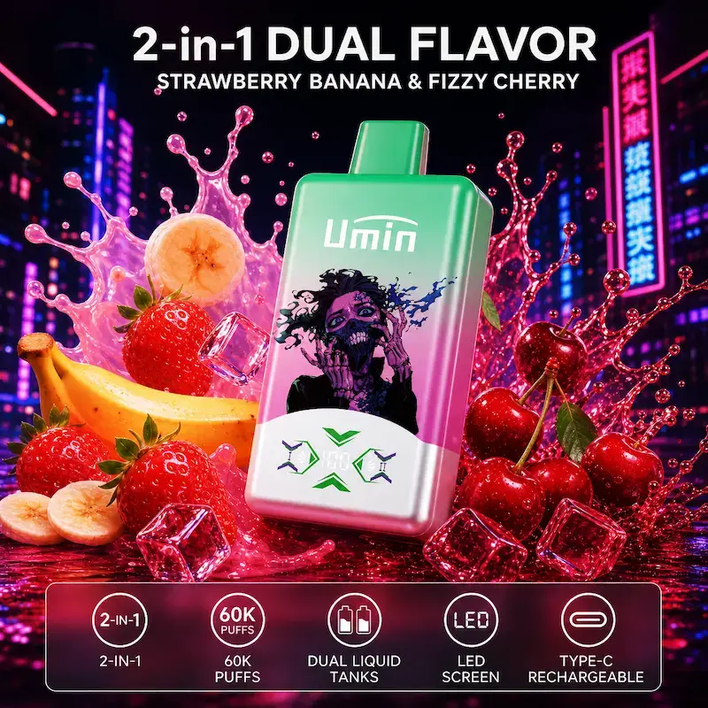 Umin 2 in 1 Strawberry banana & Fizzy cherry Umin 2 in 1 Dual Flavor 60000 - dwusmakowy e-papieros jednorazowy o wysokiej pojemności - MocPuff