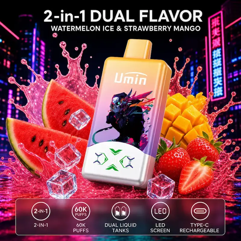 Umin 2 in 1 Watermelon ice & Strawberry mango Umin 2 in 1 Dual Flavor 60000 - dwusmakowy e-papieros jednorazowy o wysokiej pojemności - MocPuff