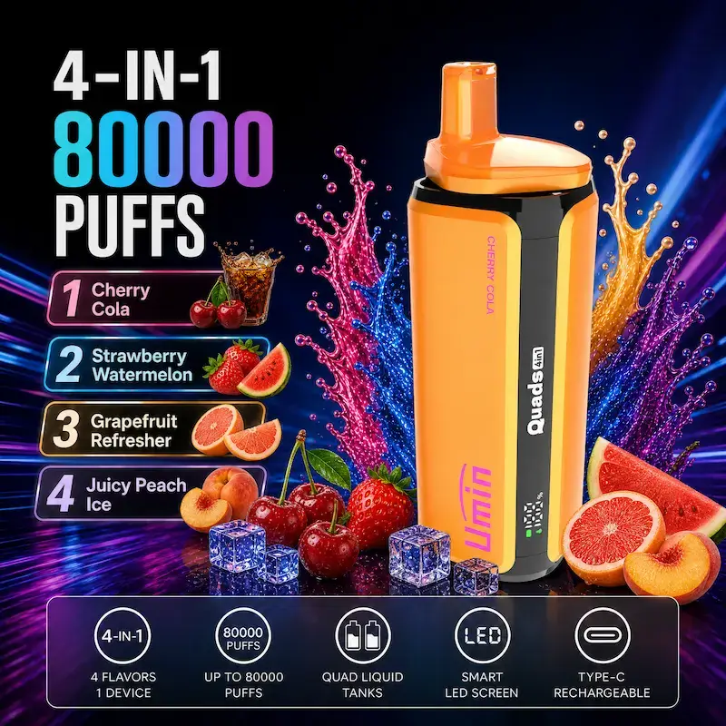 Umin Quads 4 in 1 Cherry Cola & Strawberry Watermelon & Grapefruit Refresher & Juicy Peach lce-2 Umin Quads 4 in 1 80000 - innowacyjny e-papieros jednorazowy z 4 komorami smaku - MocPuff
