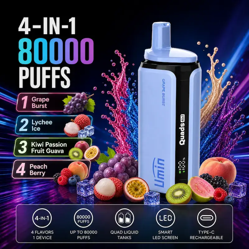 Umin Quads 4 in 1 Grape Burst & Lychee Ice & Kiwi Passion Fruit Guava & Peach Berry-2 Umin Quads 4 in 1 80000 - innowacyjny e-papieros jednorazowy z 4 komorami smaku - MocPuff