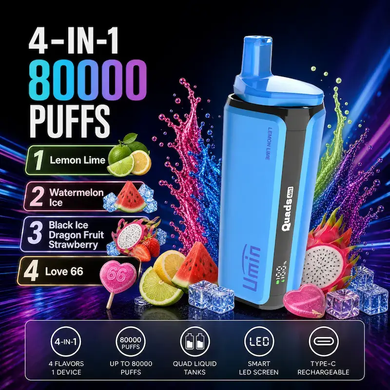 Umin Quads 4 in 1 Lemon Lime & Watermelon lce & Black Ice Dragon Fruit Strawberry & Love 66-2 Umin Quads 4 in 1 80000 - innowacyjny e-papieros jednorazowy z 4 komorami smaku - MocPuff