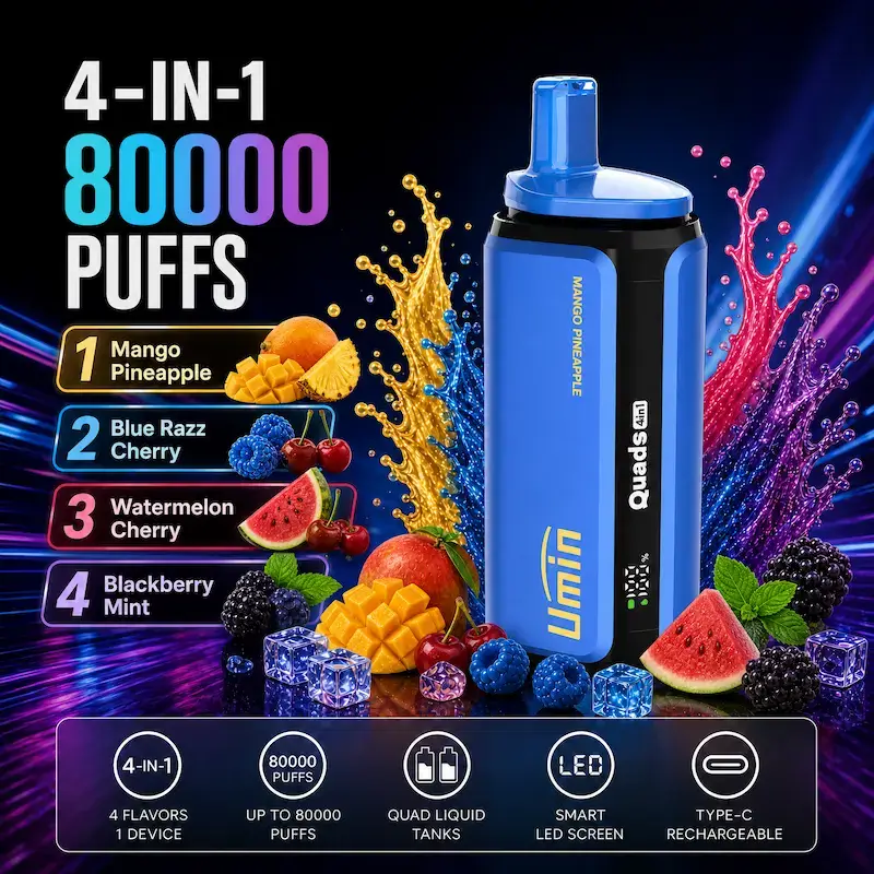 Umin Quads 4 in 1 Mango Pineapple & Blue Razz Cherry & Watermelon Cherry & Blackberry Mint-2 Umin Quads 4 in 1 80000 - innowacyjny e-papieros jednorazowy z 4 komorami smaku - MocPuff