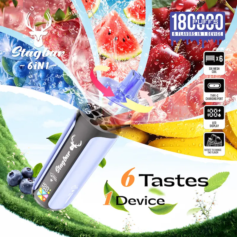 Stag Bar 6 in 1 180000 - wielosmakowy jednorazowy e-papieros 108ml 6 w 1 - MocPuff