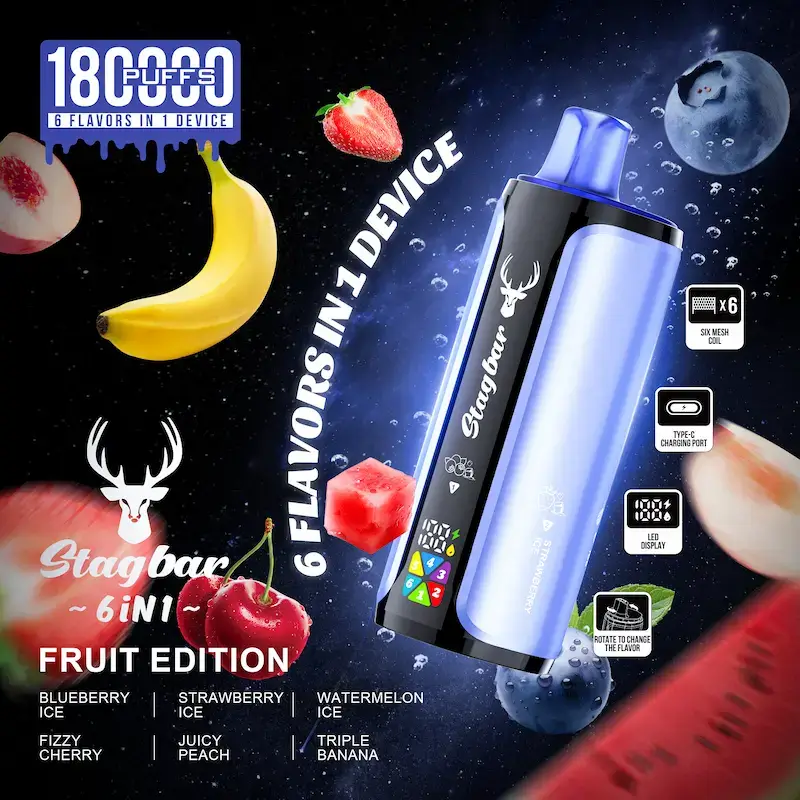 stag bar 6 in 1 180k Fruit Edition-1 Stag Bar 6 in 1 180000 - wielosmakowy jednorazowy e-papieros 108ml 6 w 1 - MocPuff
