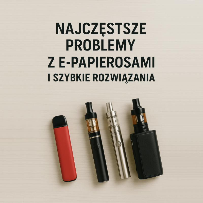 Zepsuty, uszkodzony jednorazowy e-papieros, być może z widocznym wyciekiem liquidu, przypaloną grzałką lub zepsutym ustnikiem, symbolizujący wady techniczne i frustrację użytkownika.